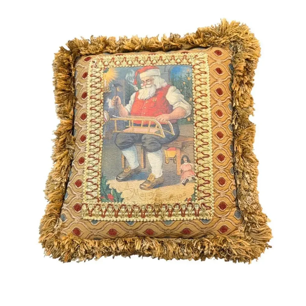 Pulvermacher NYC Luxury Santa Christmas Pillow Velvet Fringe Holiday Decor